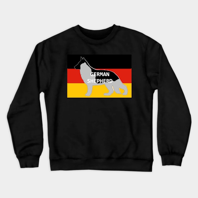 german shepherd black and silver name silhouette on flag Crewneck Sweatshirt by Wanderingangel